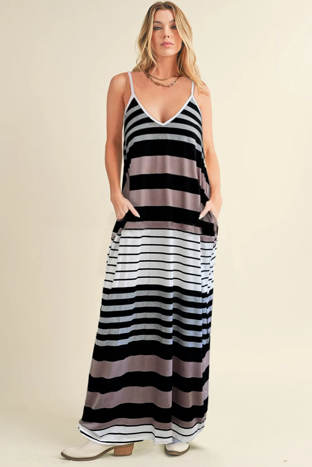 Multicolour Stripes Spaghetti Straps V Neck Maxi Dress