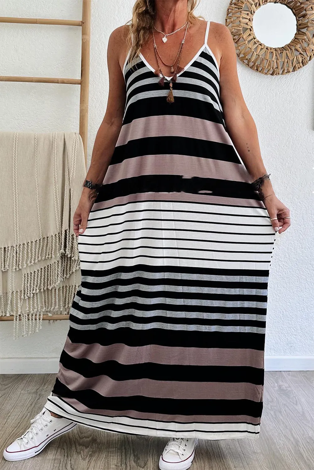 Multicolour Stripes Spaghetti Straps V Neck Maxi Dress