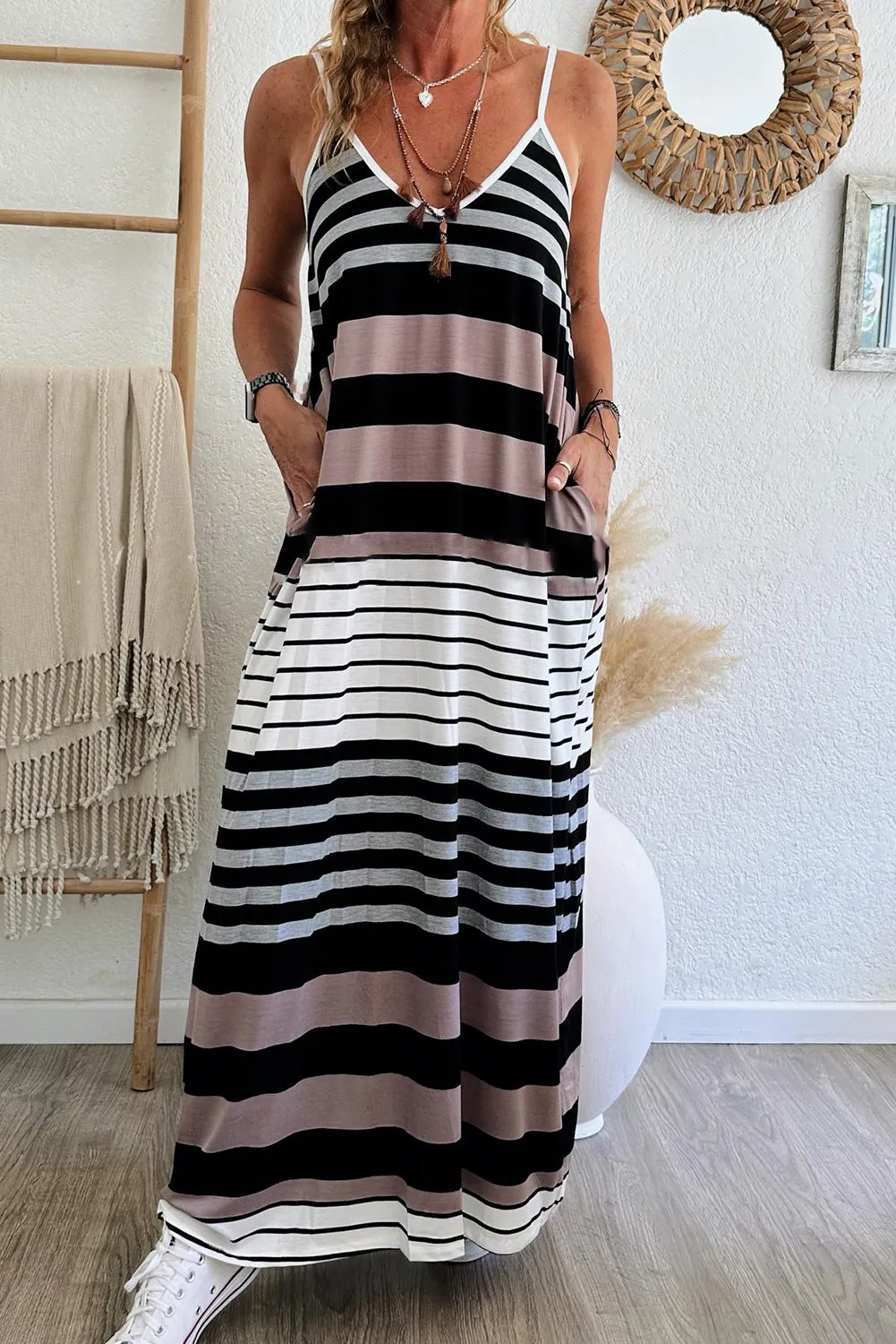 Multicolour Stripes Spaghetti Straps V Neck Maxi Dress