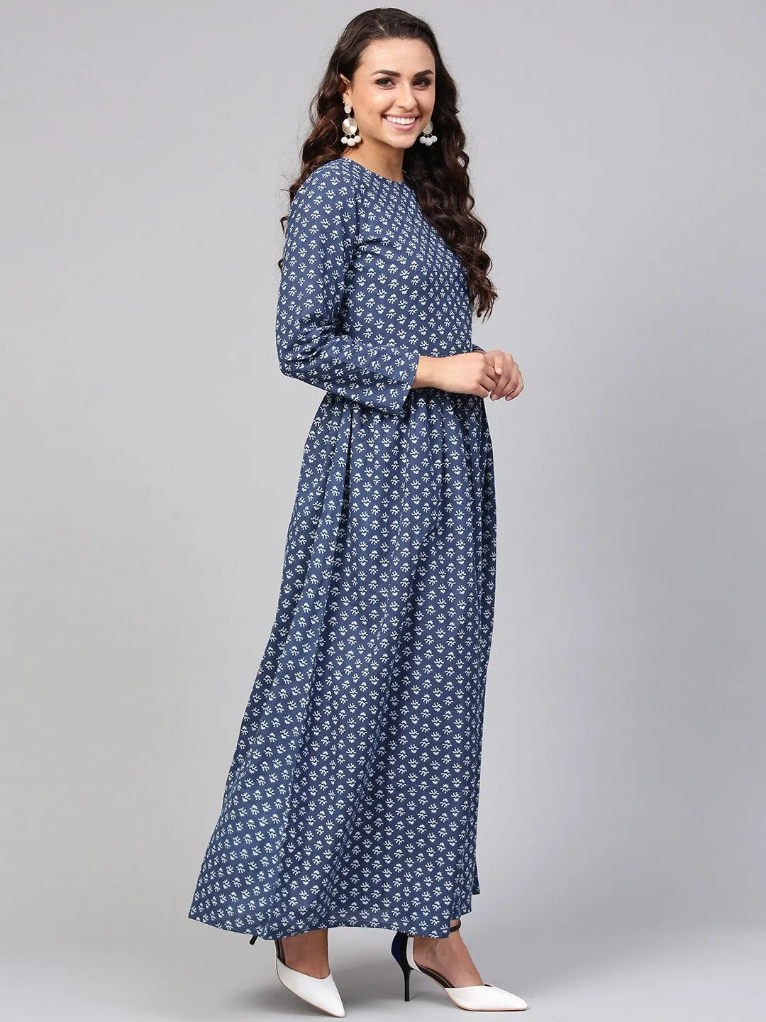 Navy Blue Printed Maxi Dress With Round Neck & Full Sleeves