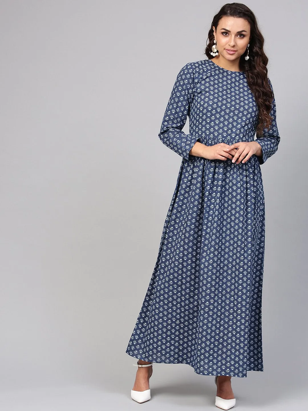 Navy Blue Printed Maxi Dress With Round Neck & Full Sleeves