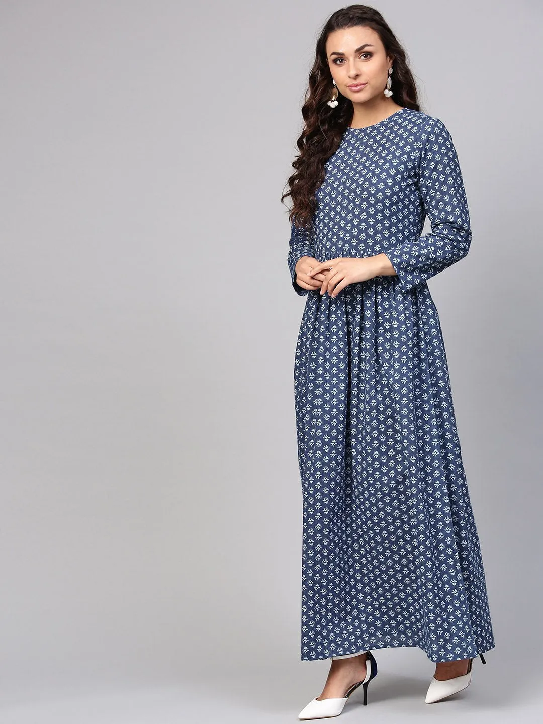 Navy Blue Printed Maxi Dress With Round Neck & Full Sleeves