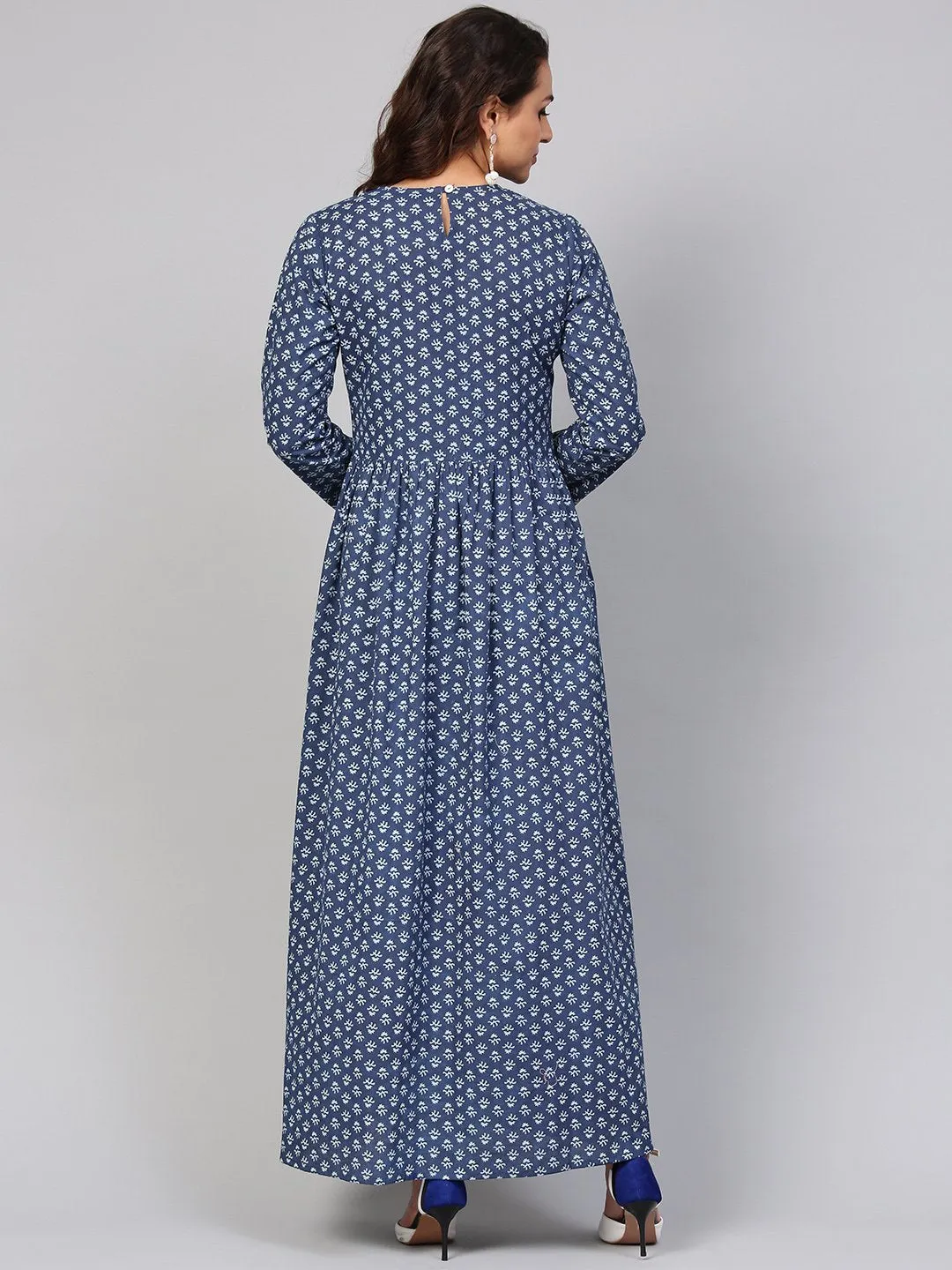 Navy Blue Printed Maxi Dress With Round Neck & Full Sleeves