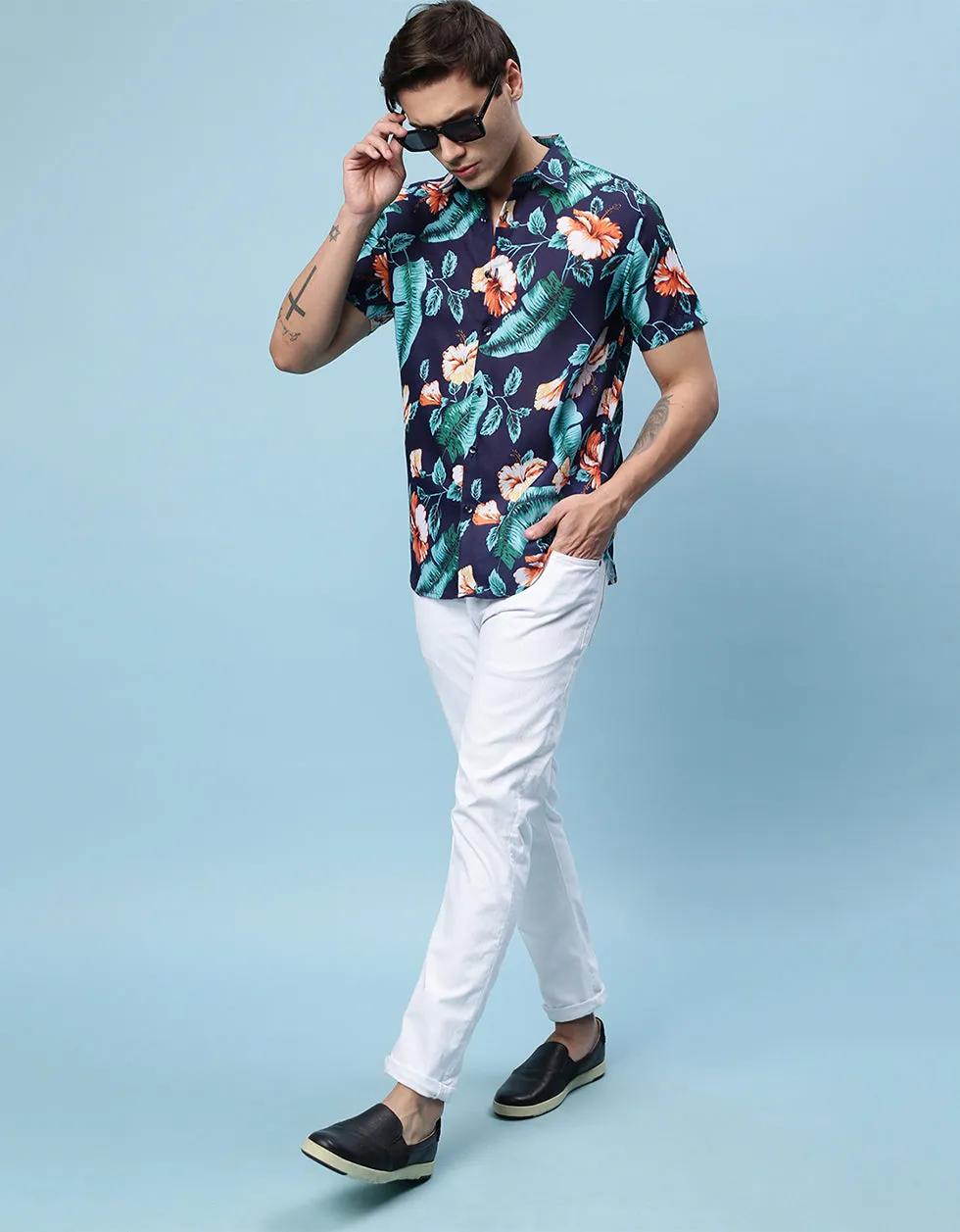 Navy Floral Printed Casual Shirt