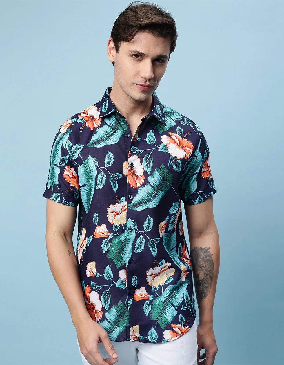 Navy Floral Printed Casual Shirt