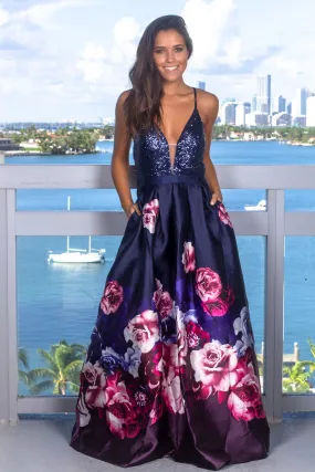 Navy Floral Sequin Top Maxi Dress