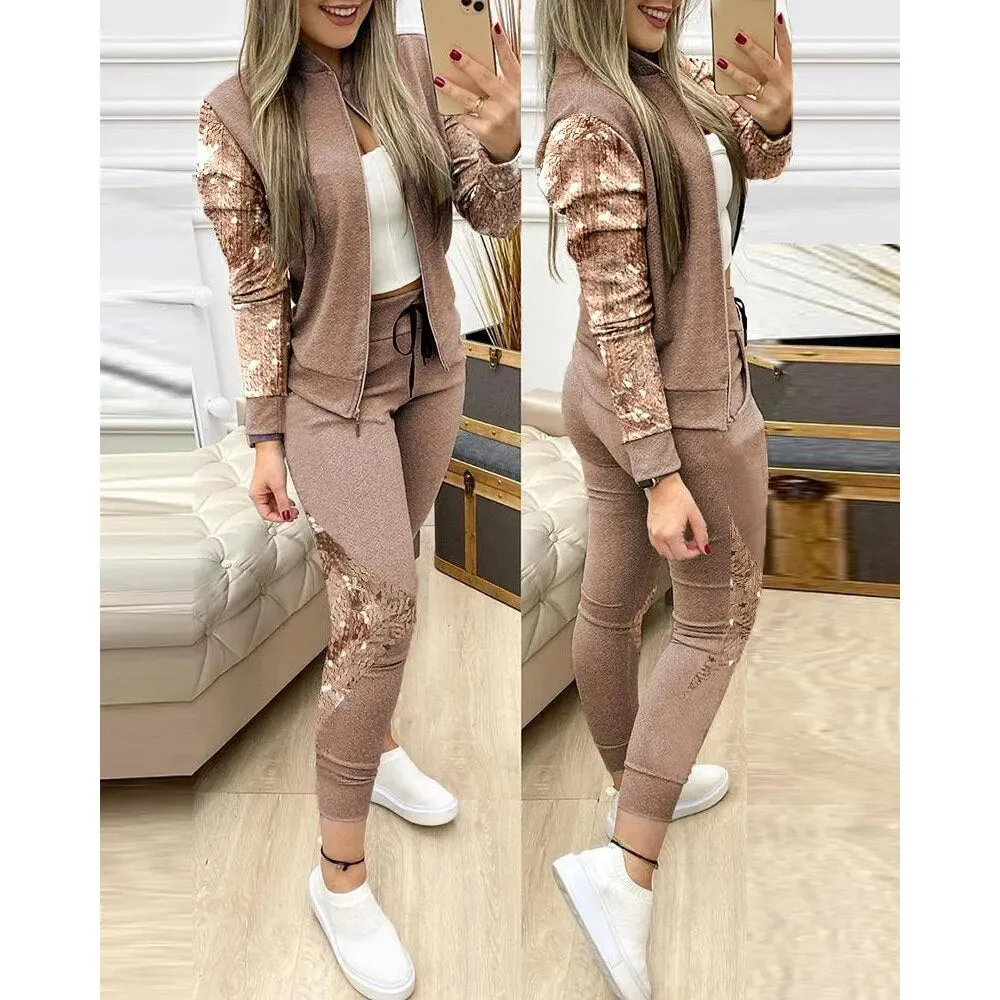 New Two-Piece Set Outfits Autumn Women's Zipper Top and Pants Casual Sport Suit Winter