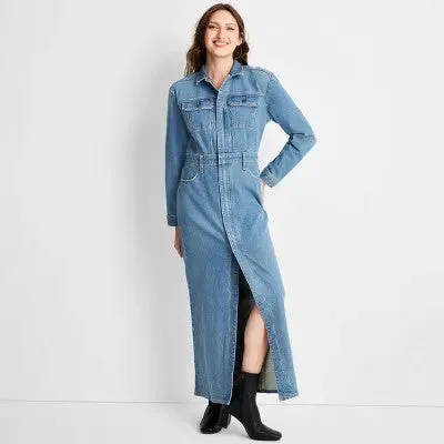 New - Universal Thread Women's Long Sleeve Denim Shirt Maxi Dress