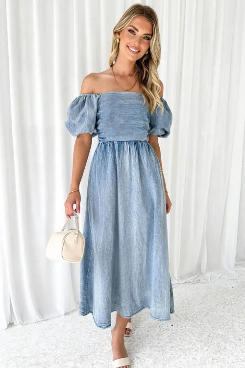 No One Cuter Denim Strapless Midi Dress