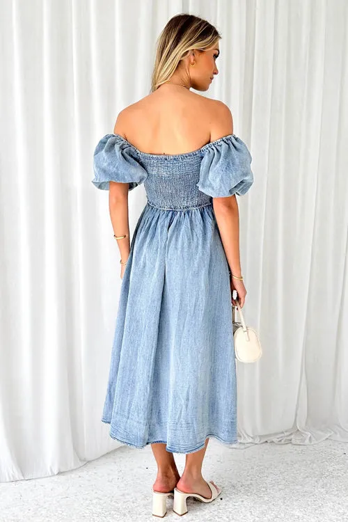 No One Cuter Denim Strapless Midi Dress