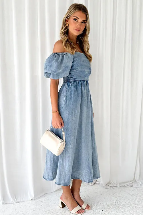 No One Cuter Denim Strapless Midi Dress