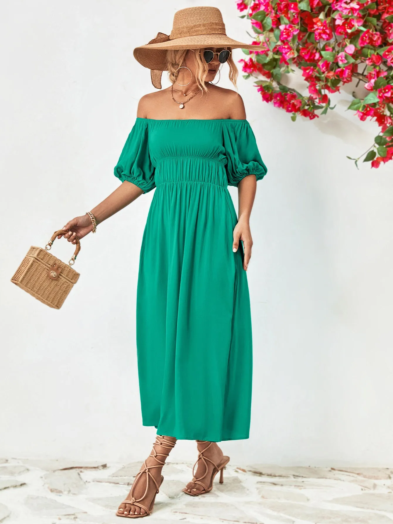 Off-Shoulder Balloon Sleeve Midi Dress - colors