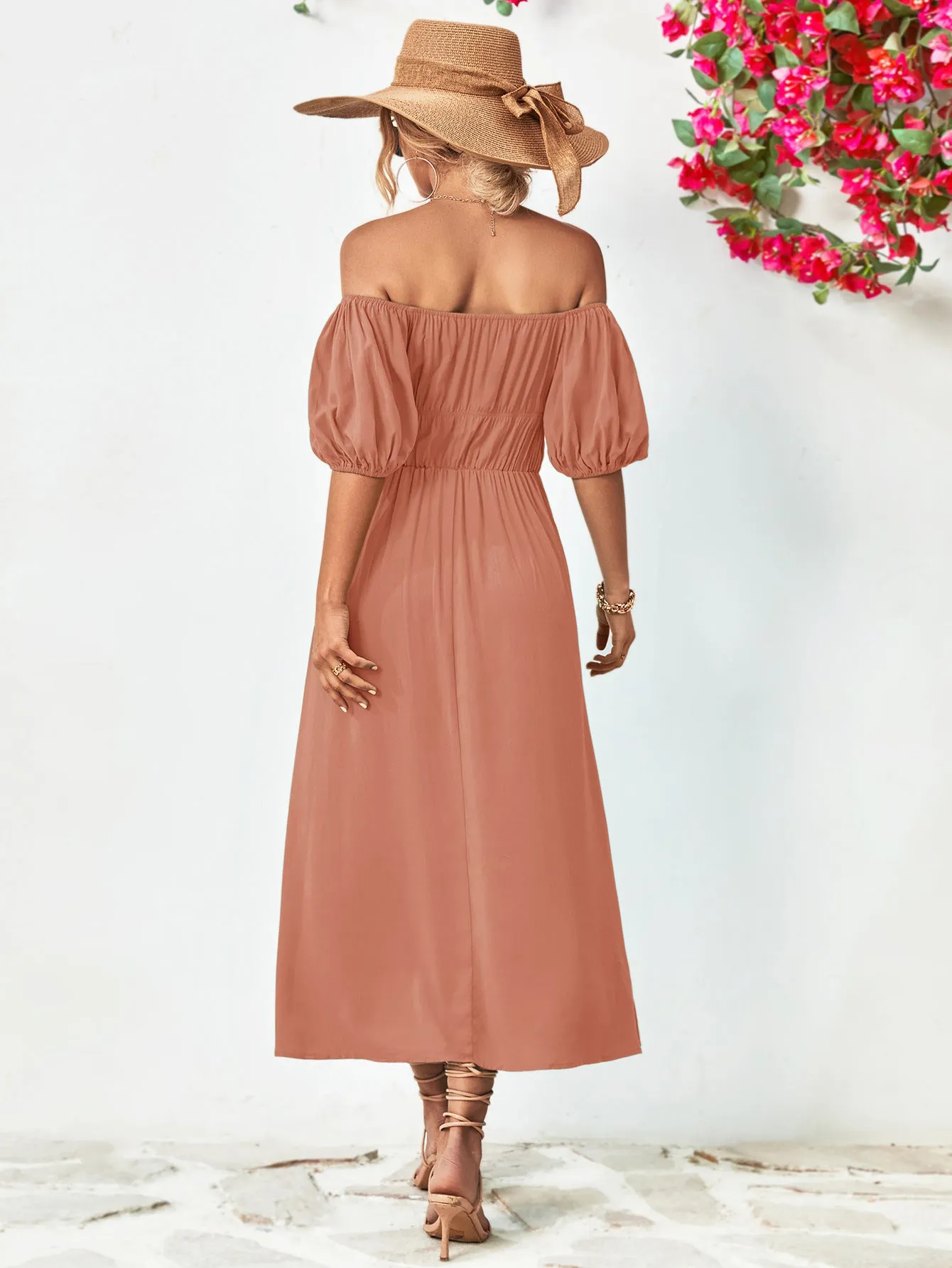 Off-Shoulder Balloon Sleeve Midi Dress - colors