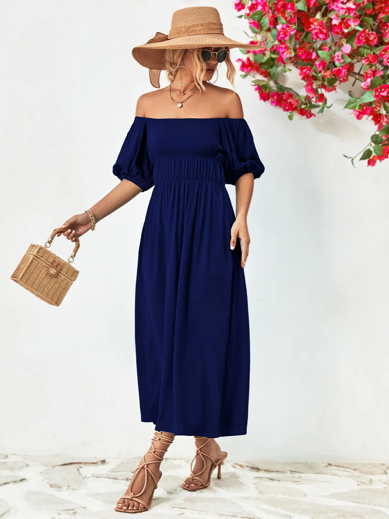 Off-Shoulder Balloon Sleeve Midi Dress - colors