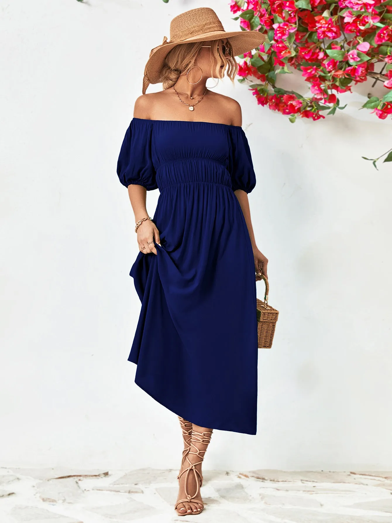 Off-Shoulder Balloon Sleeve Midi Dress - colors