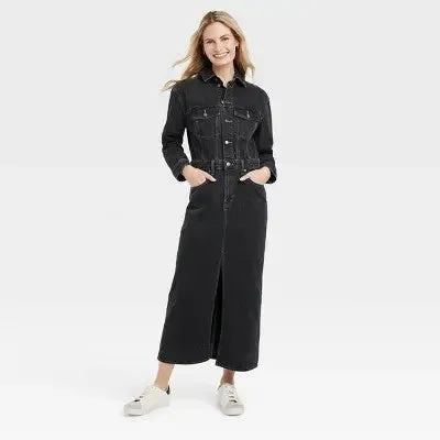 Open Box - Universal Thread Women's Long Sleeve Denim Shirt Maxi Dress