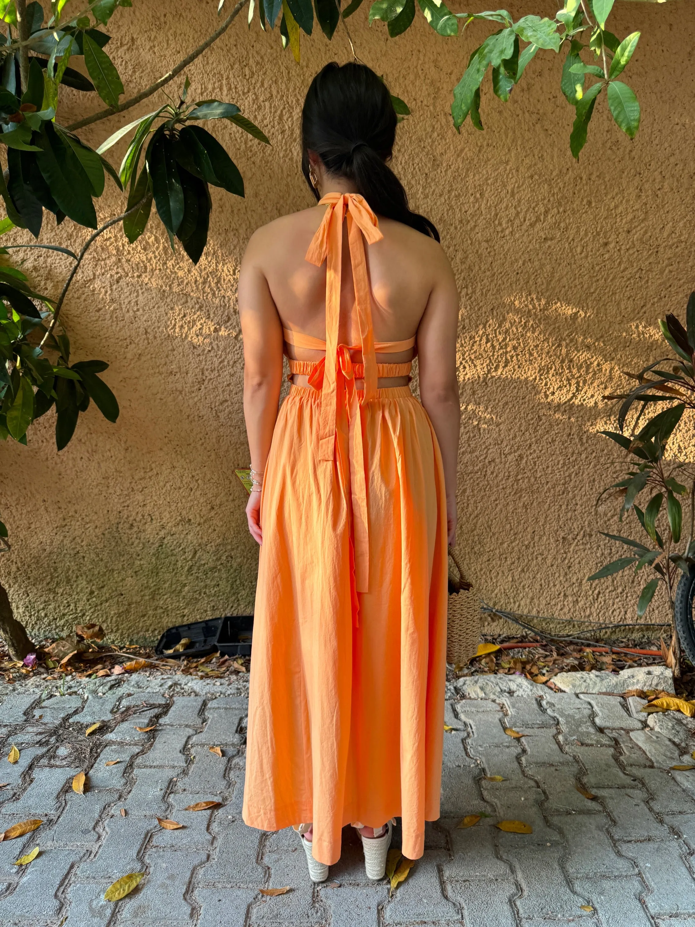 Orange Halter Open-Back Maxi Dress