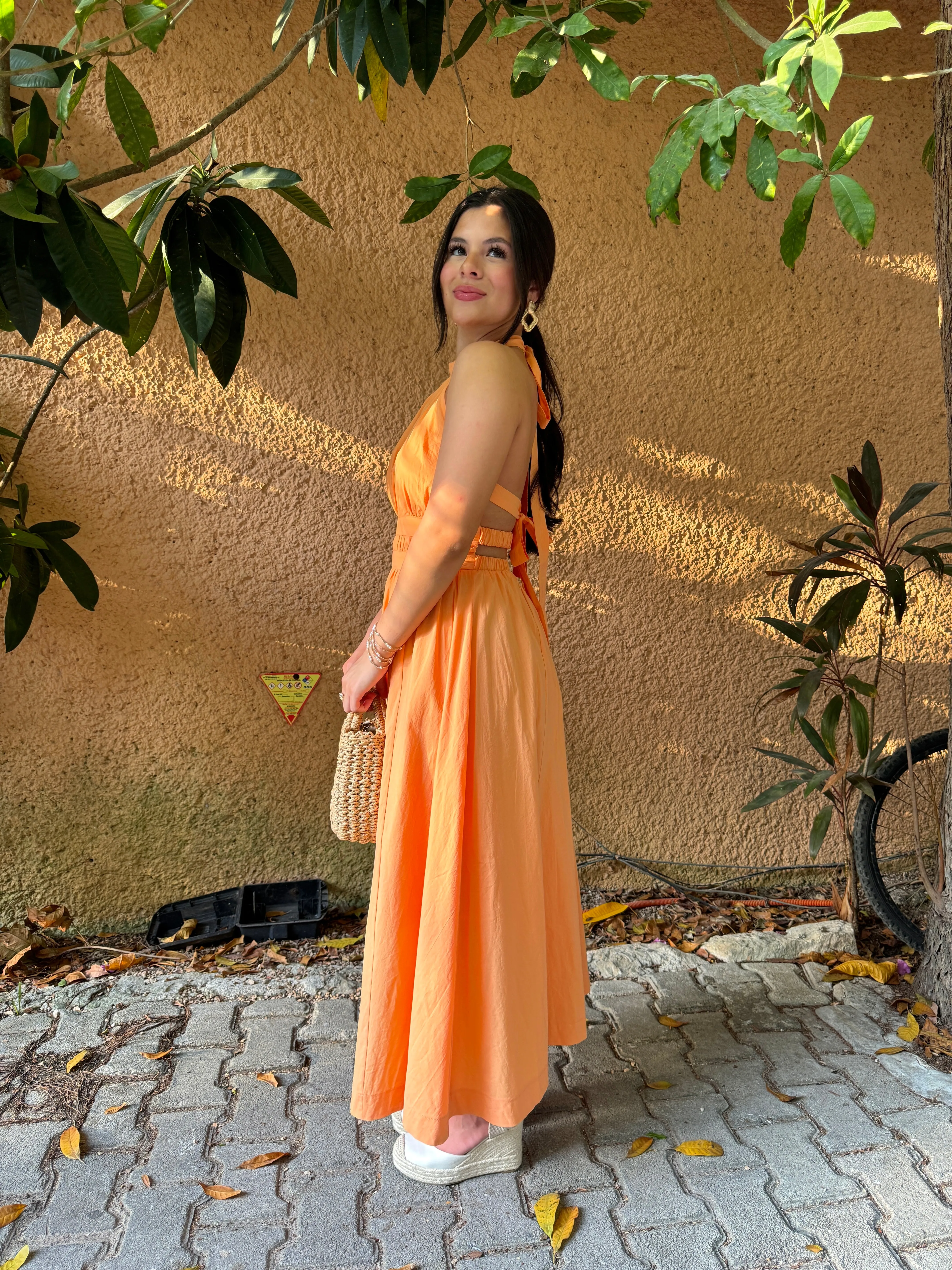 Orange Halter Open-Back Maxi Dress