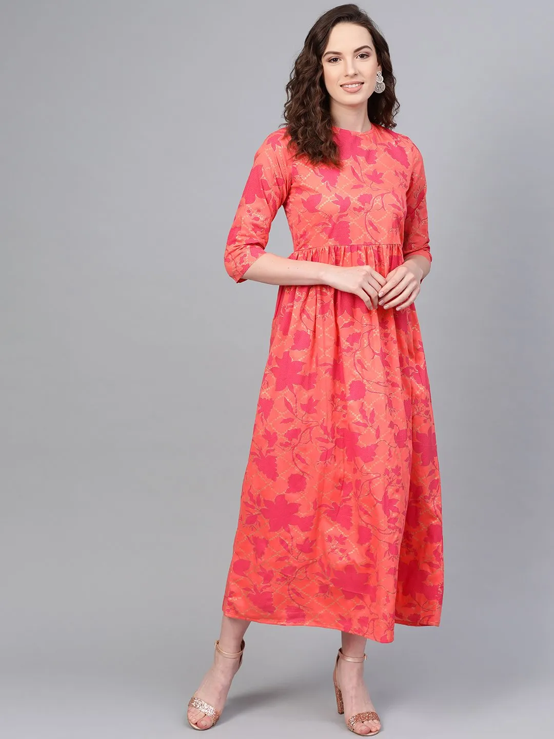 Peach & Megenta Gold Printed Maxi Dress With Round Neck & 3/4 Sleeves