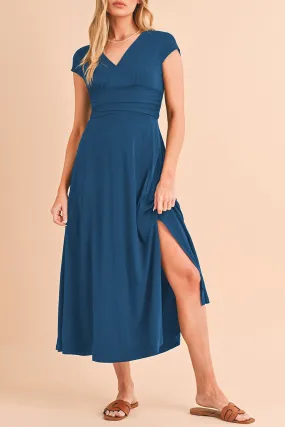 Peacock Blue Deep V Neck Ruched High Waist Maxi Dress