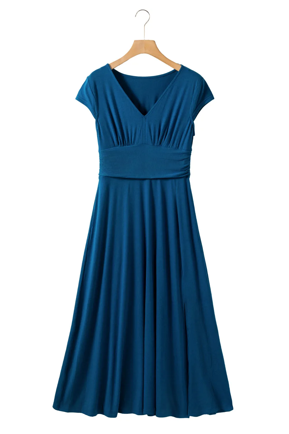 Peacock Blue Deep V Neck Ruched High Waist Maxi Dress