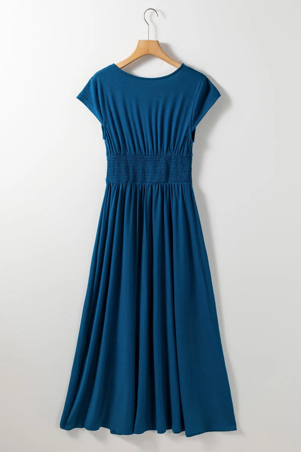 Peacock Blue Deep V Neck Ruched High Waist Maxi Dress