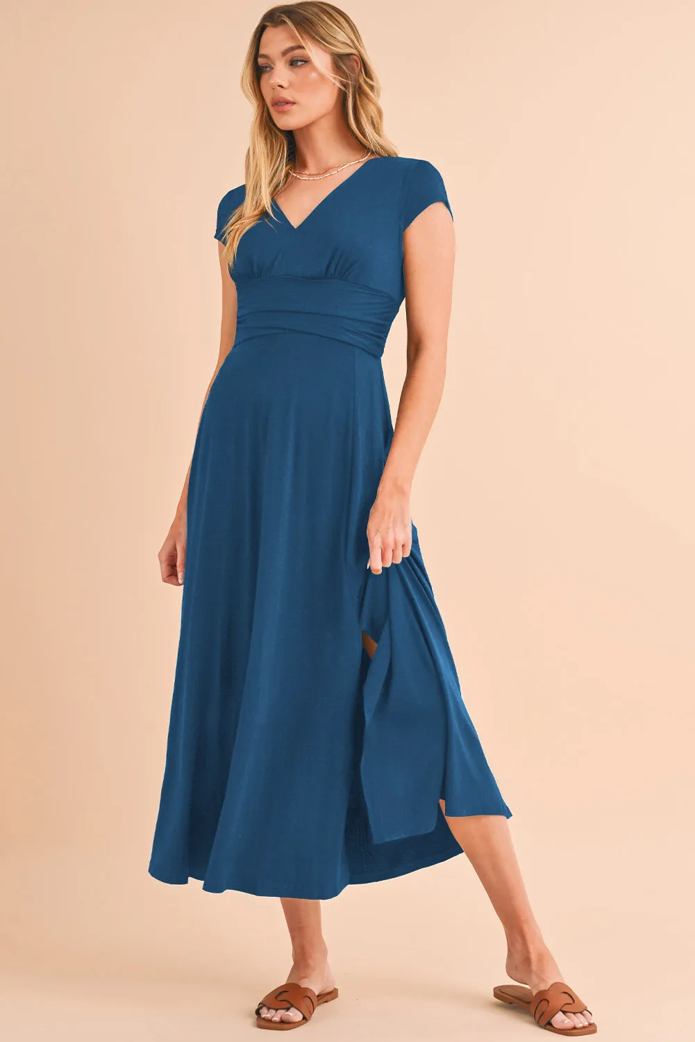 Peacock Blue Deep V Neck Ruched High Waist Maxi Dress