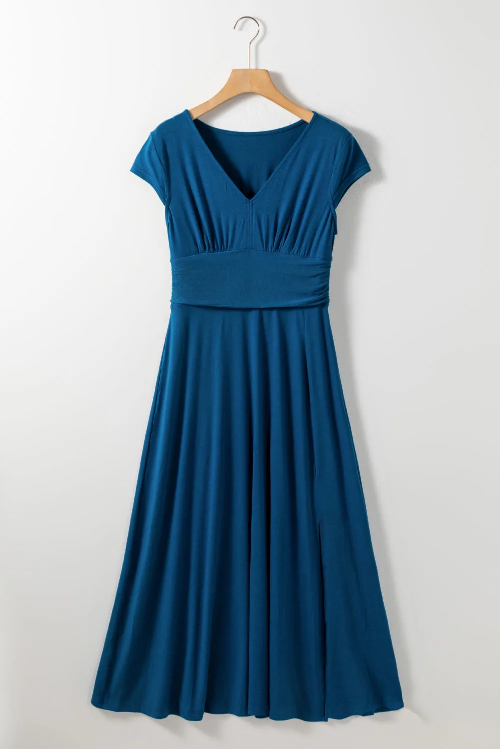 Peacock Blue Deep V Neck Ruched High Waist Maxi Dress