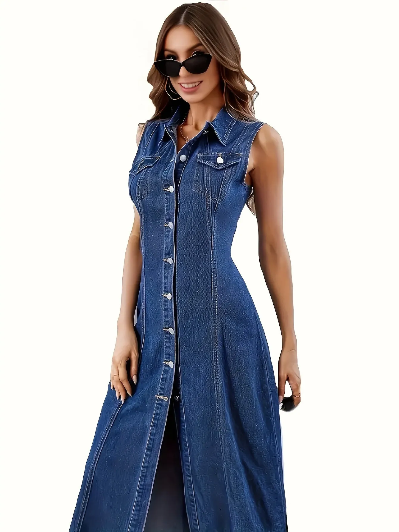 Plain Dark Washed Blue Single-breasted Sleeveless Maxi Denim Dress, Women's Denim Jeans & Clothing