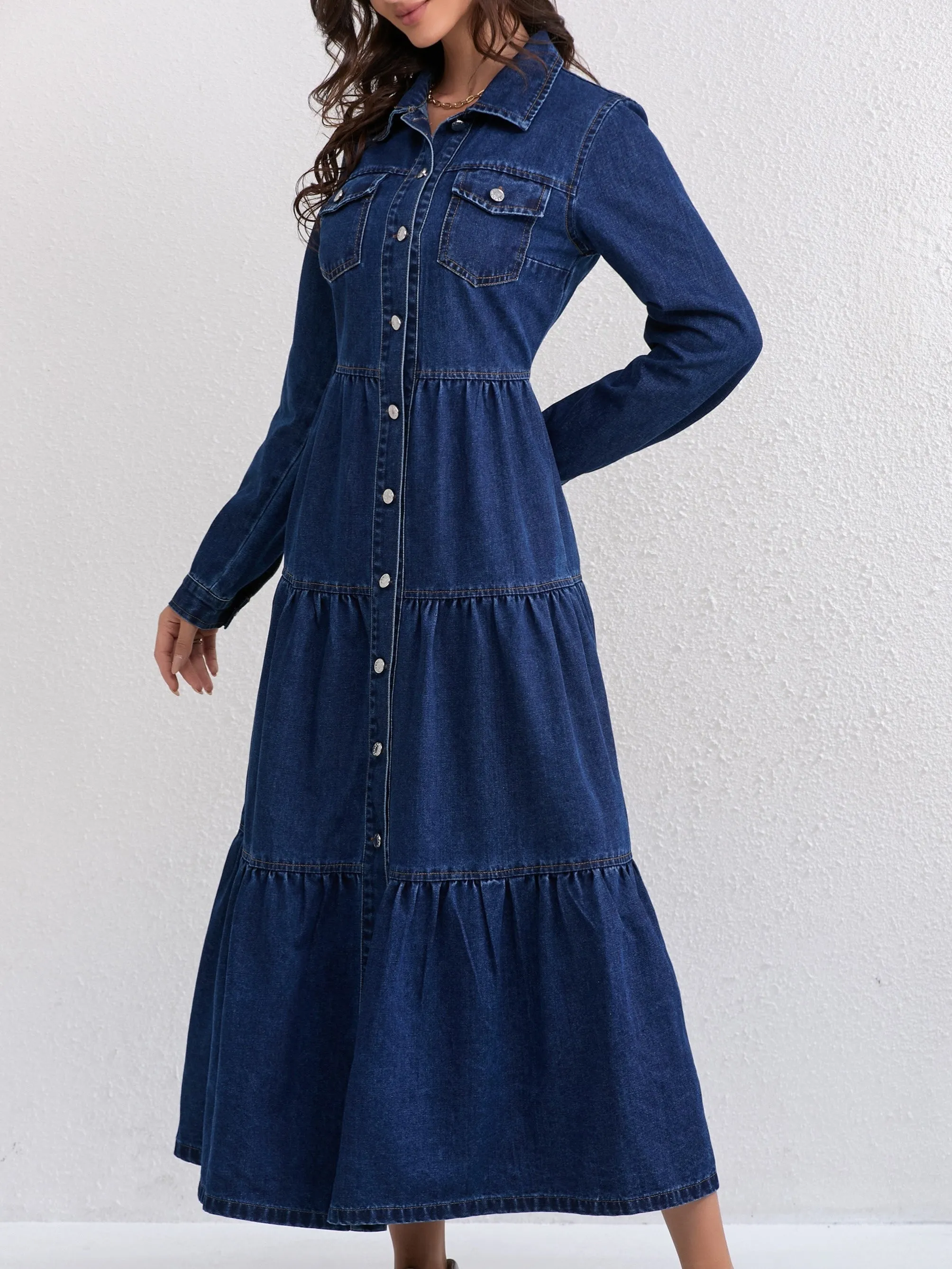 Plain Washed Blue Button Up Ruffled Long Sleeve Elegant Maxi Denim Dress, Women's Denim Jeans & Clothing