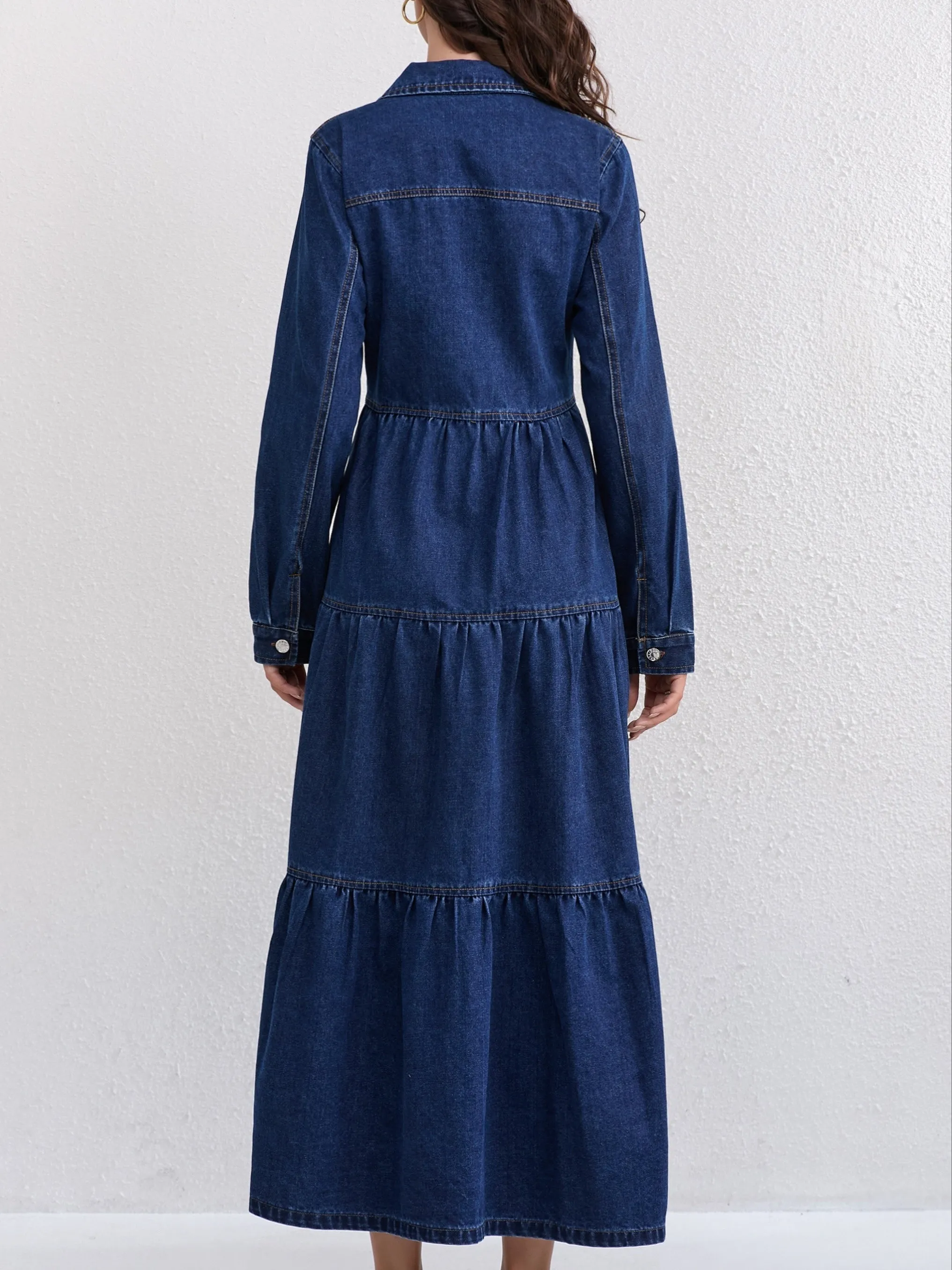 Plain Washed Blue Button Up Ruffled Long Sleeve Elegant Maxi Denim Dress, Women's Denim Jeans & Clothing