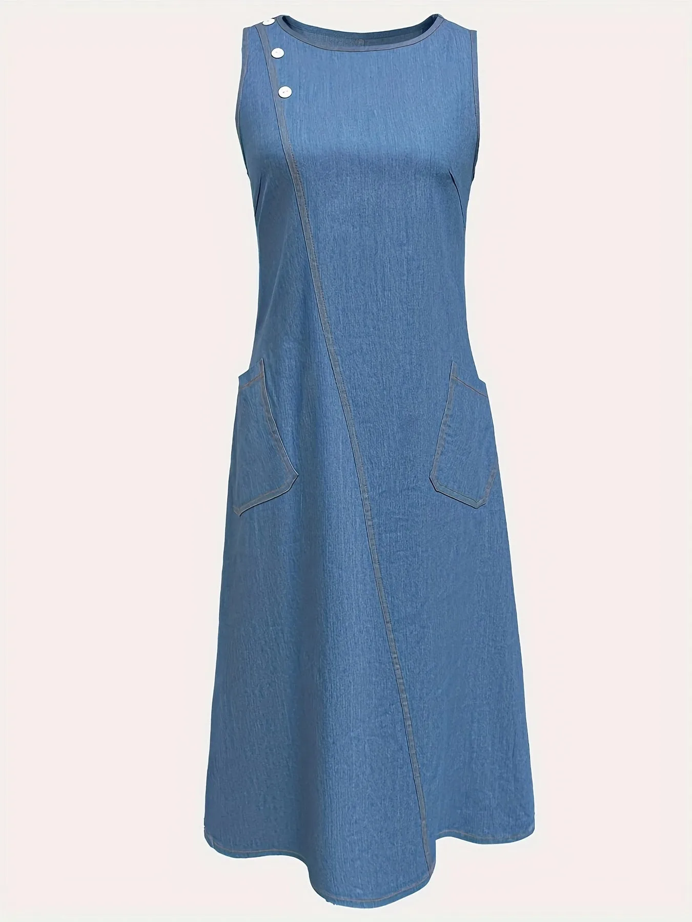 Plain Washed Blue Buttons Casual Style Patch Pocket Sleeveless Maxi Denim Dress, Women's Denim Jeans & Clothing