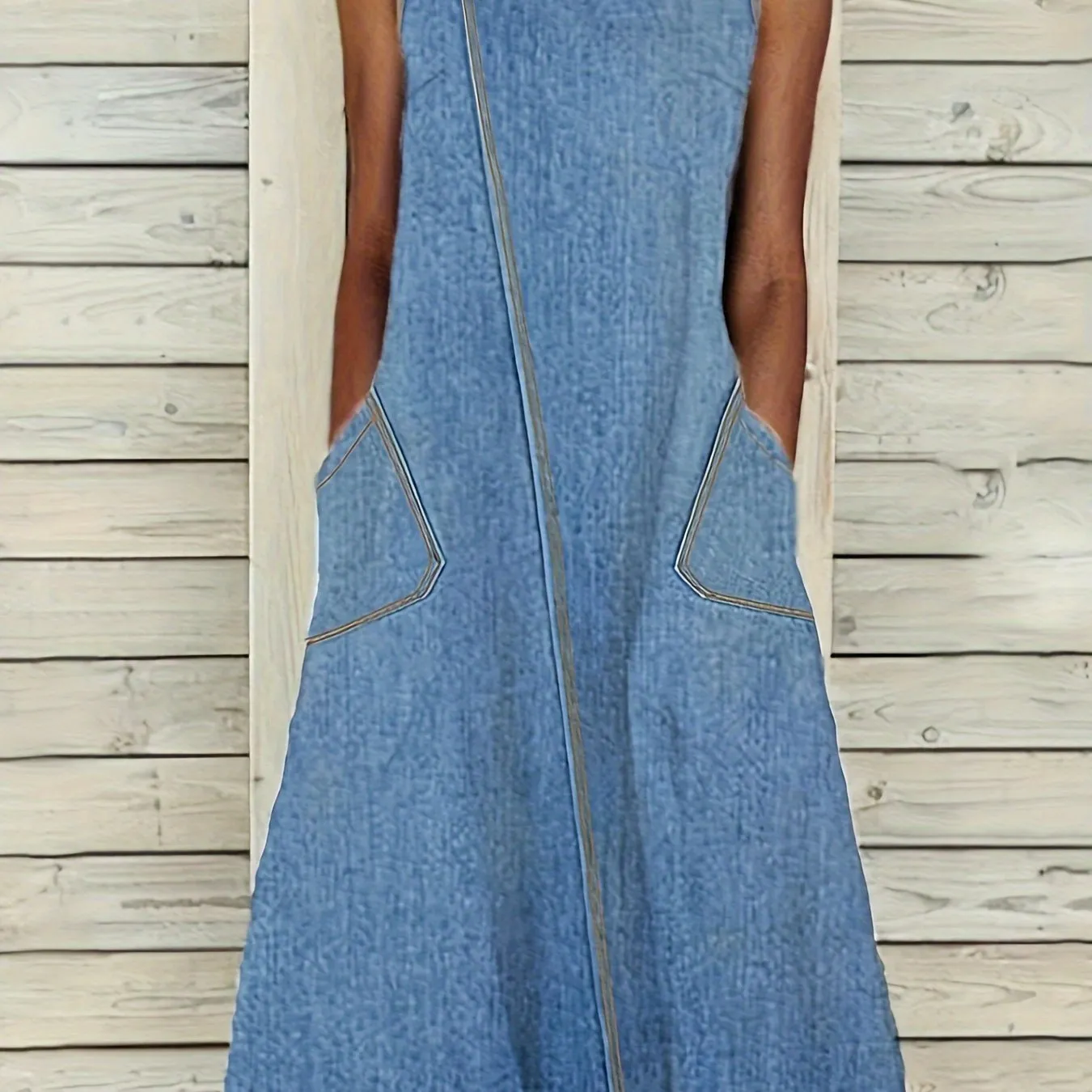 Plain Washed Blue Buttons Casual Style Patch Pocket Sleeveless Maxi Denim Dress, Women's Denim Jeans & Clothing