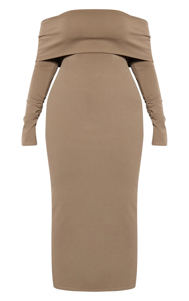 Plus Size Khaki Crepe Long Sleeve Bardot Maxi Dress