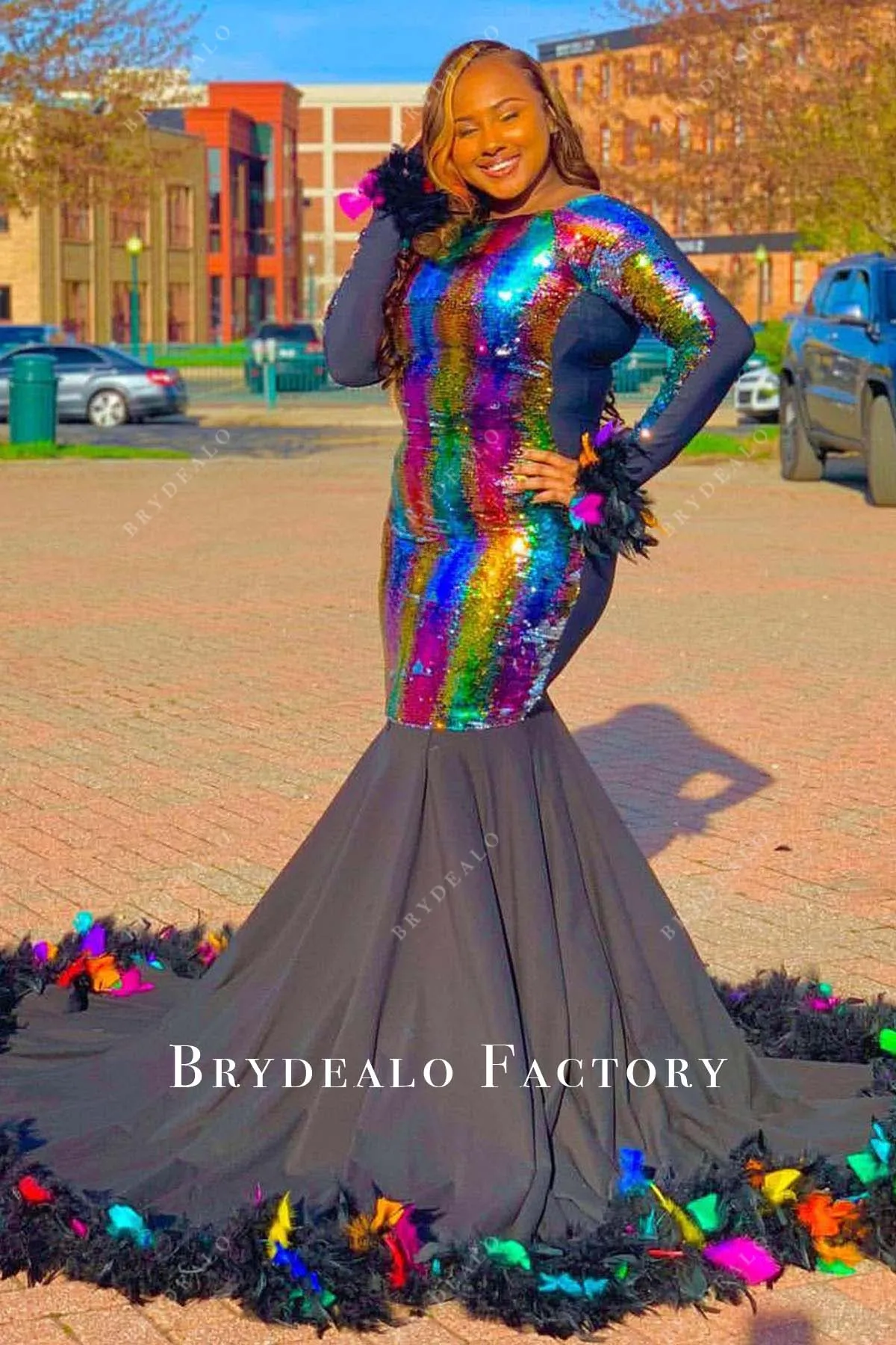 Plus Size Multicolored Feathrer Trumpet Prom Dress