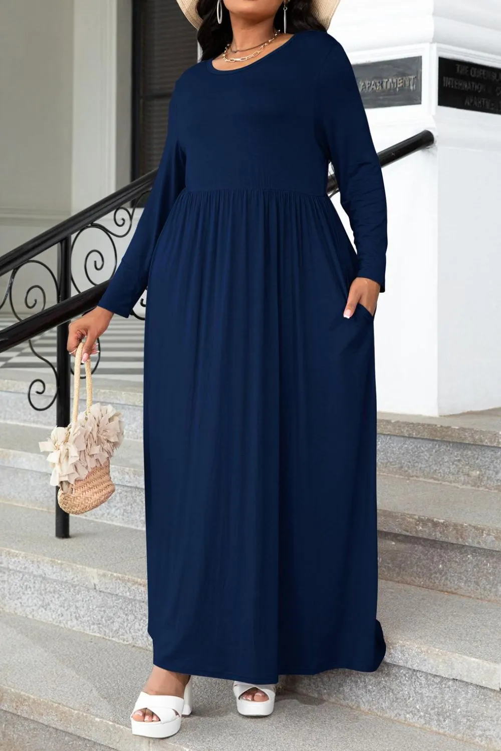 Plus Size Navy Long Sleeve Maxi Dress with Pockets up to 4XL