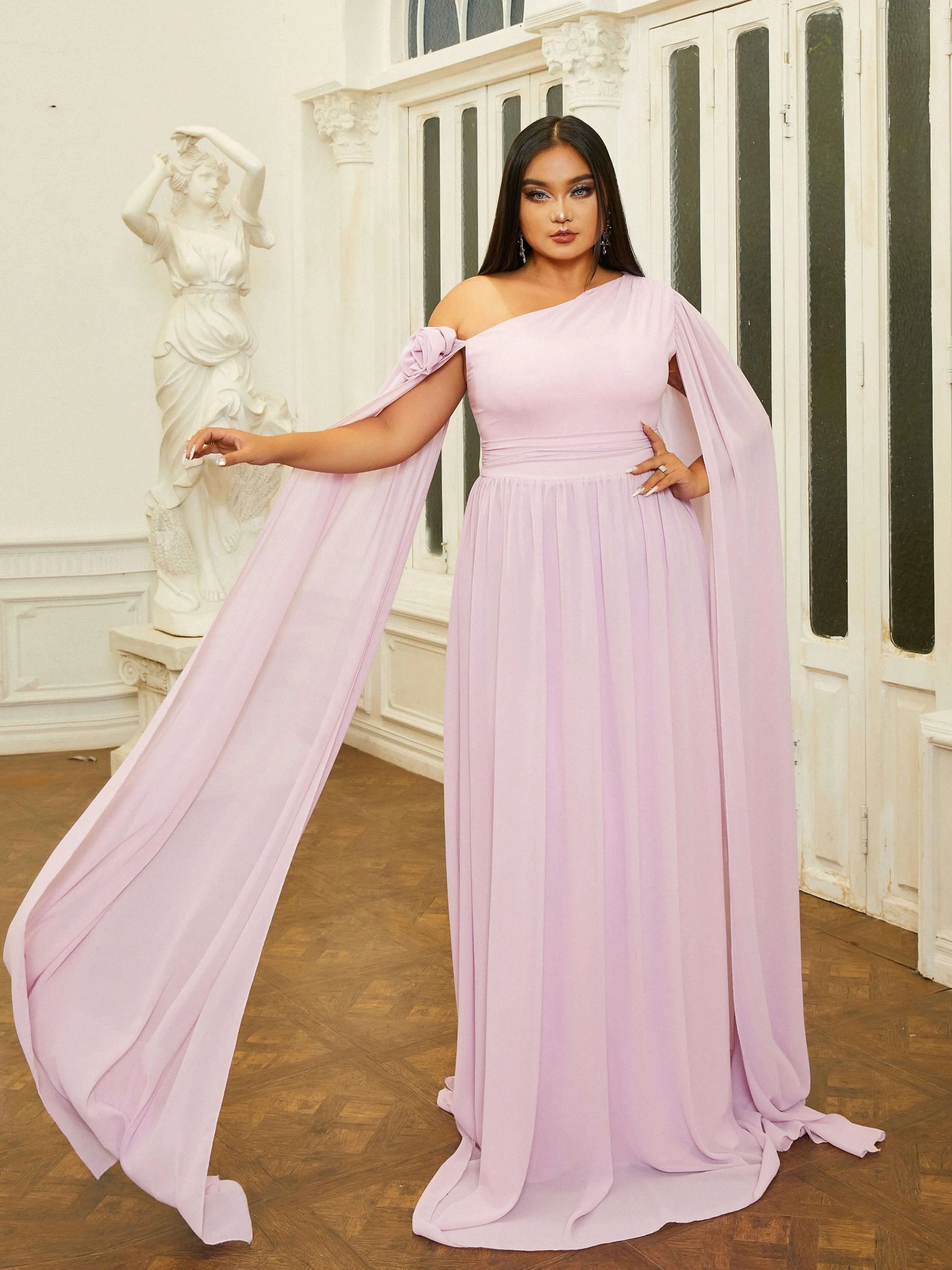 Plus Size One Shoulder Ribbon A-Line Prom Dress PRM21092