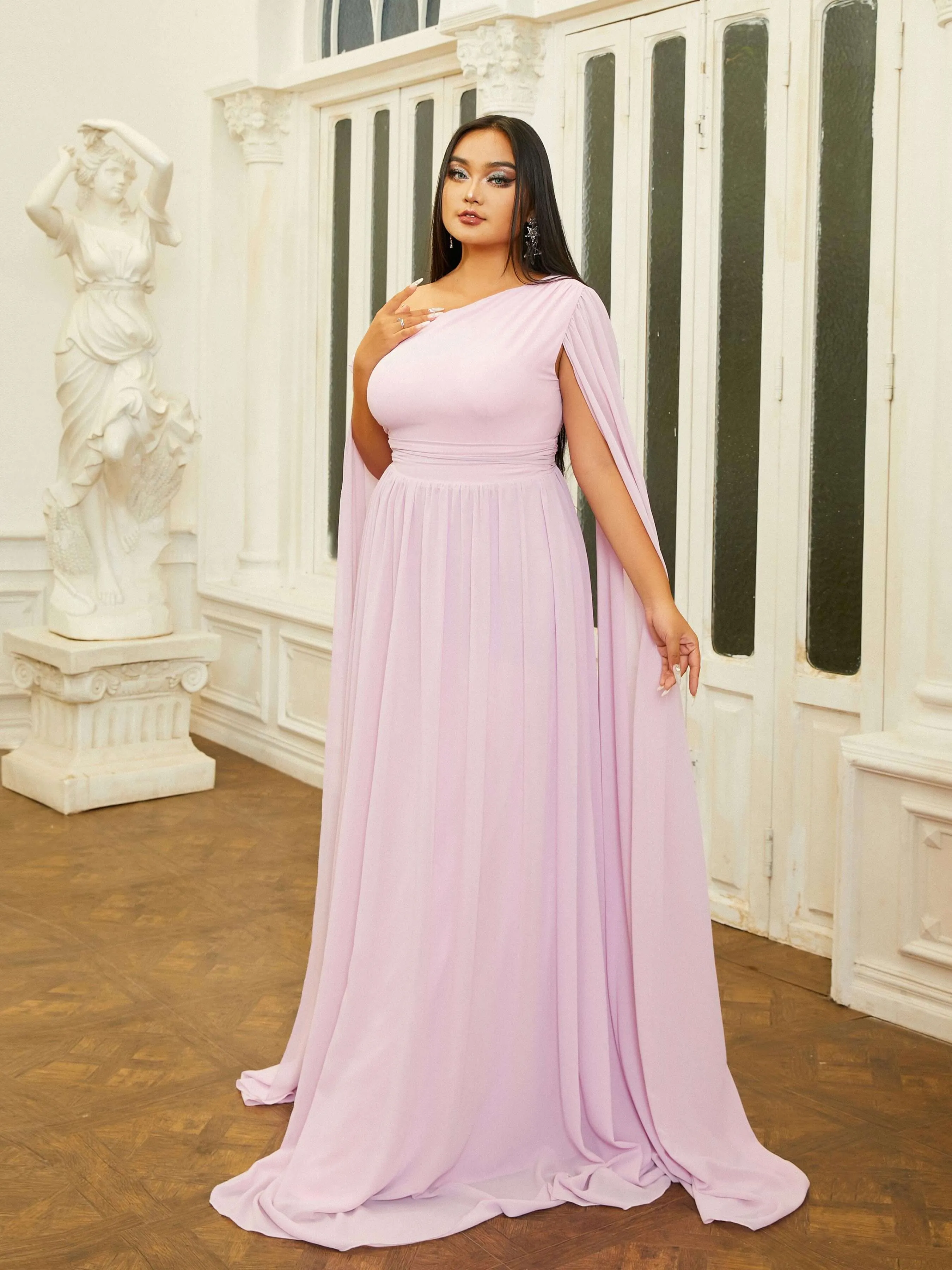 Plus Size One Shoulder Ribbon A-Line Prom Dress PRM21092