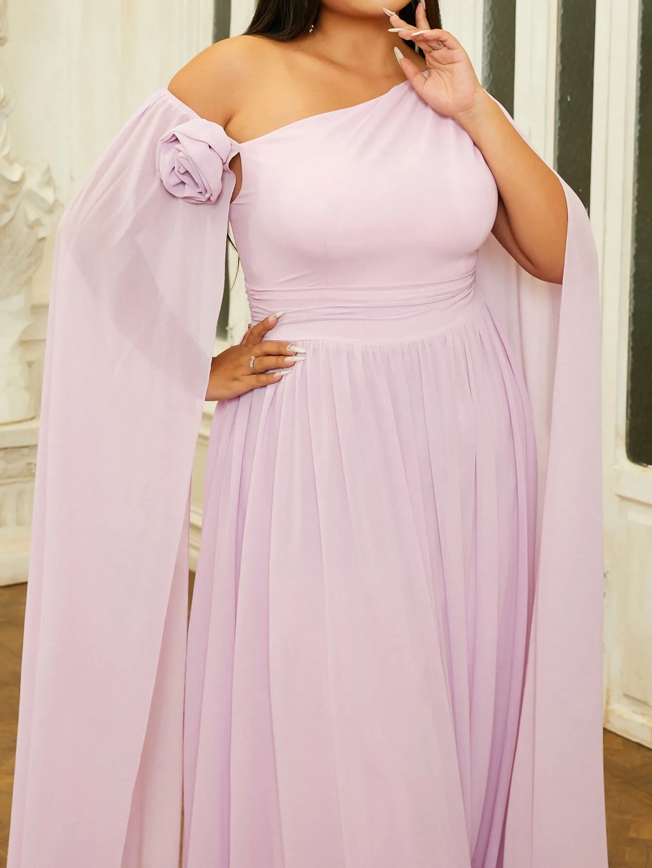 Plus Size One Shoulder Ribbon A-Line Prom Dress PRM21092