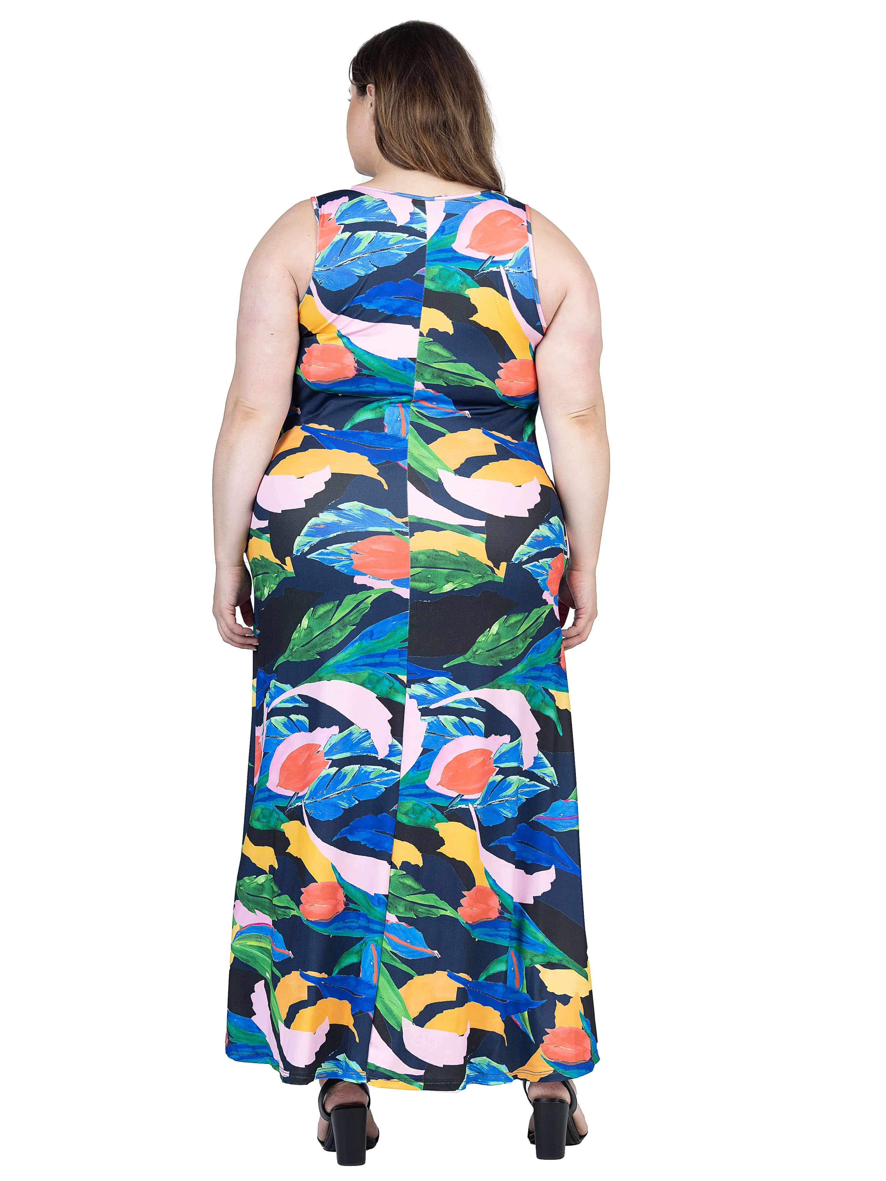 Plus Size Teal Floral Print Sleeveless Casual Maxi Dress With Pockets