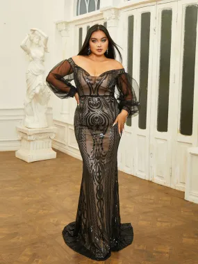 Plus Size V-neck Ballon Sleeve Sequin Prom Dress PRM21178