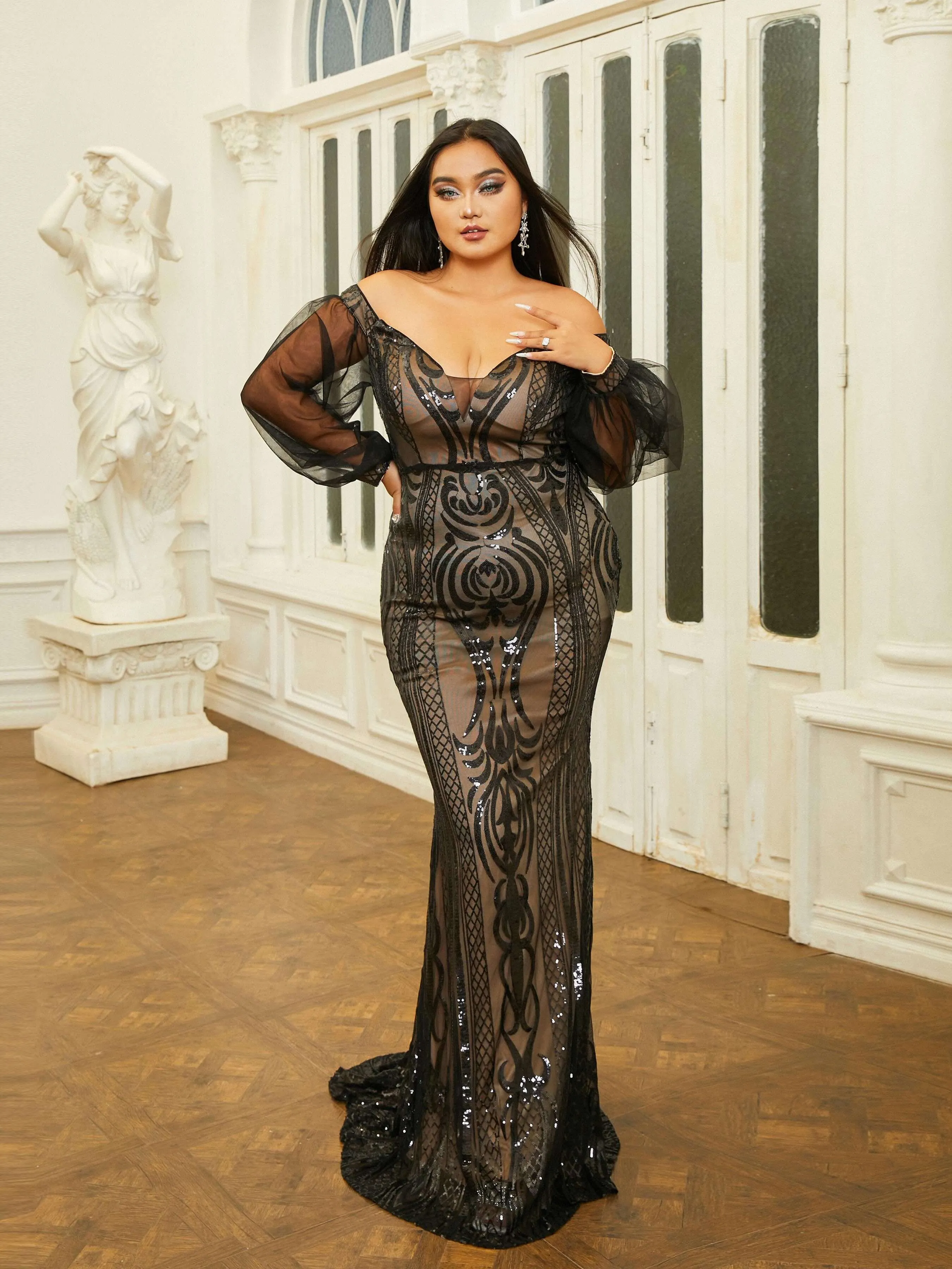 Plus Size V-neck Ballon Sleeve Sequin Prom Dress PRM21178