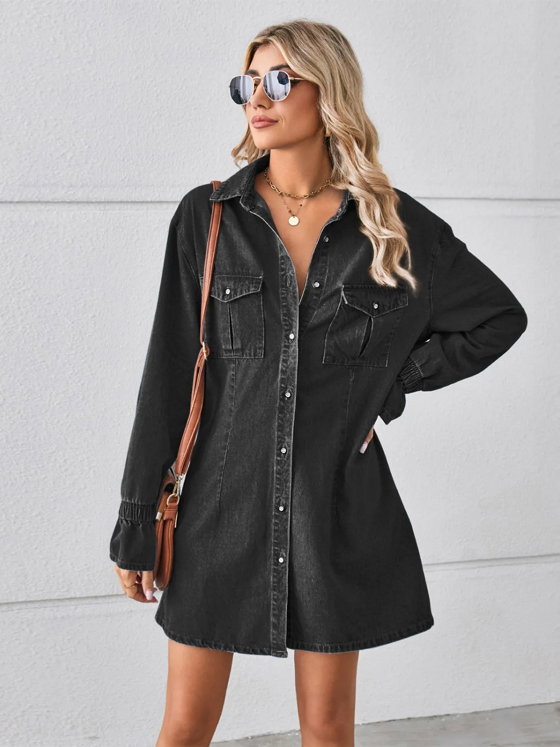 Pocketed Dropped Shoulder Mini Denim Dress