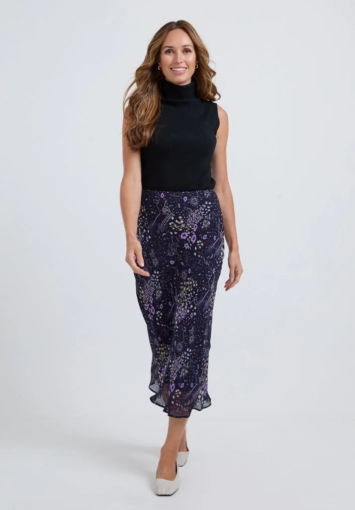 Poppy Bias Cut Zodiac Print Midi Skirt In Multi