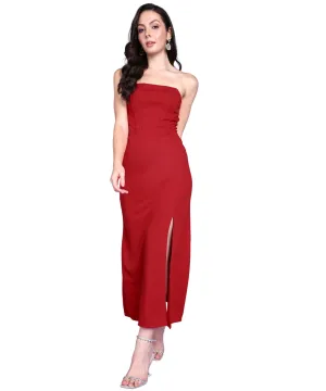 POPWINGS Women Red Long Corset Dress | Women Dress | Women Sleeveless Dress | Women Off Shoulder Neck Dress | Women Trendy Dress | Women Stylish Dress