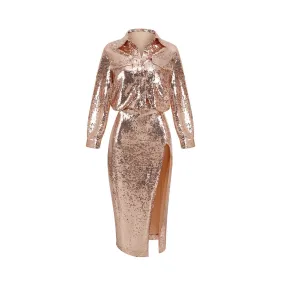 Pre Order:  Gold High Slit Sequined Top Skirt Set