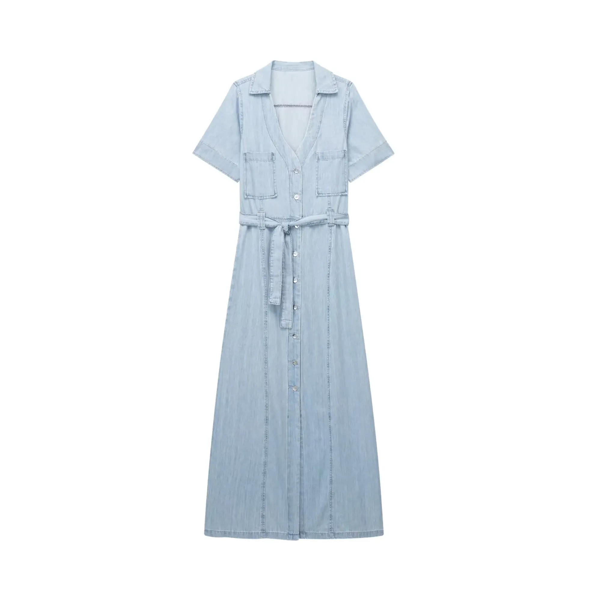 Pre Order:  Wing Collar Denim Belted Dress