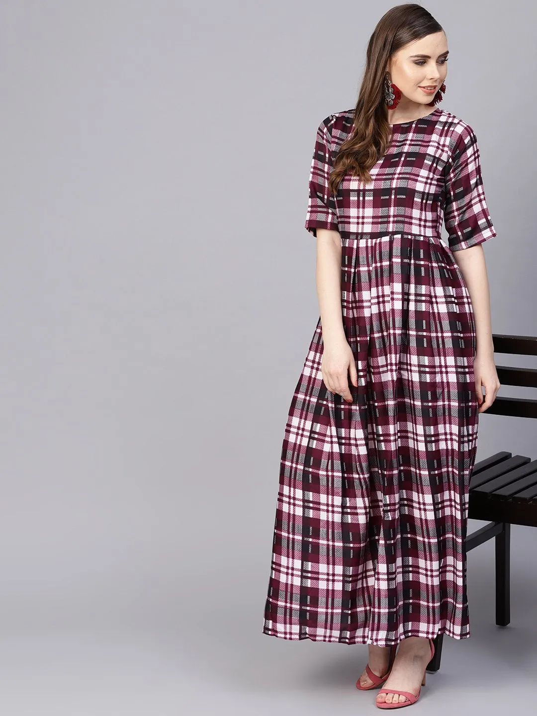 Purple Check Printed Half Sleeve Maxi Dress