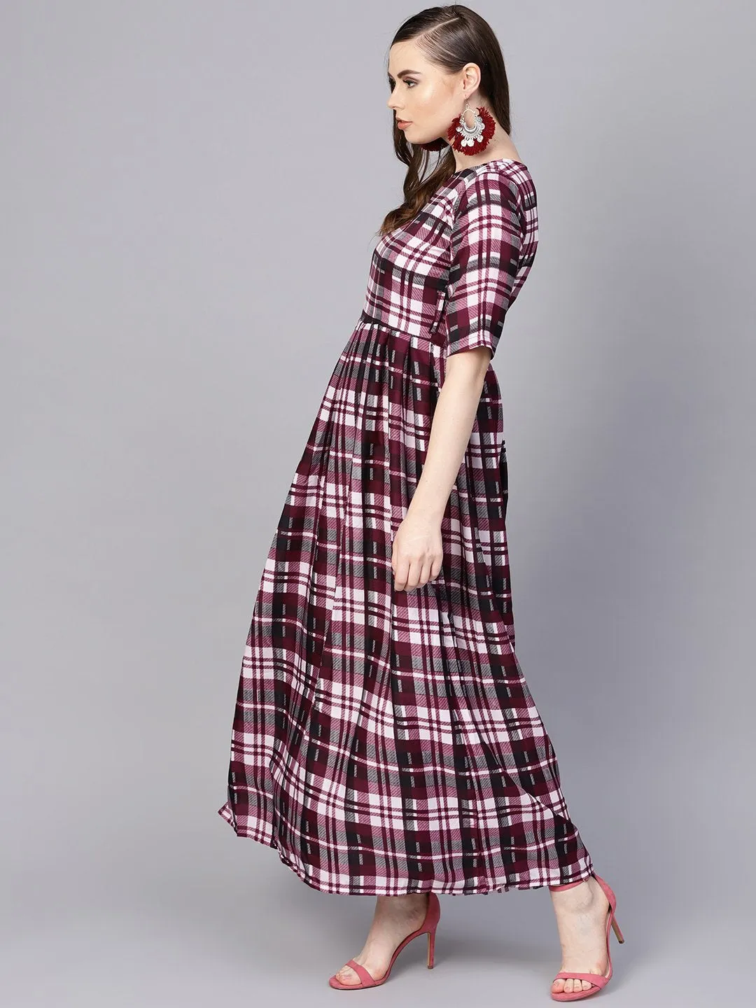 Purple Check Printed Half Sleeve Maxi Dress