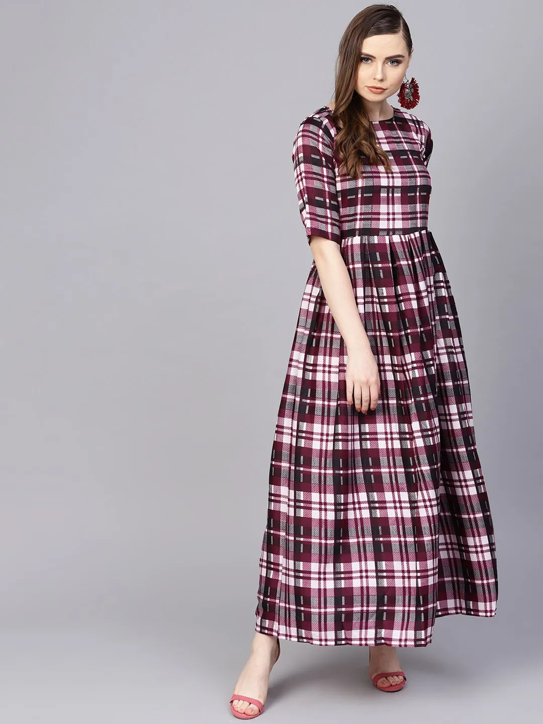 Purple Check Printed Half Sleeve Maxi Dress